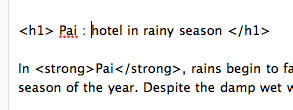 post-5 การใส่ หัวข้อเรื่องโดยพิมพ์ปิดเปิด h1 และ ใส่ตัวหนา strong ที่คำว่า pai ในโหมด HTML
