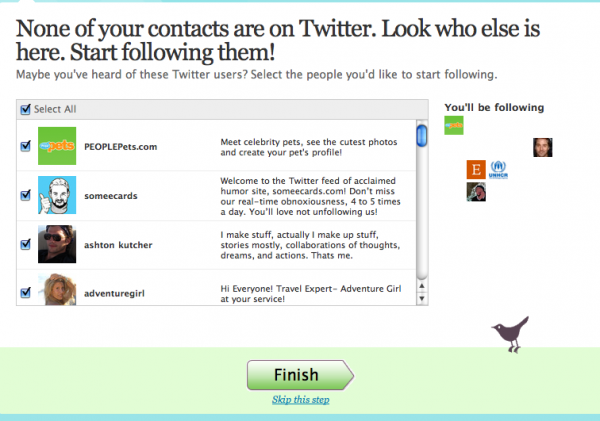 twitter แนะนำคนให้ follow ถ้าไม่ต้องการคลิก skip this step ตัวเล็กๆล่างสุด
