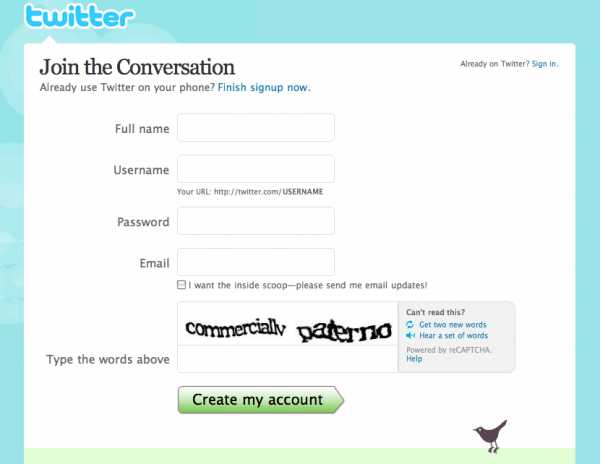 หน้ากรอกข้อมูลผู้ใช้ twitter ใหม่