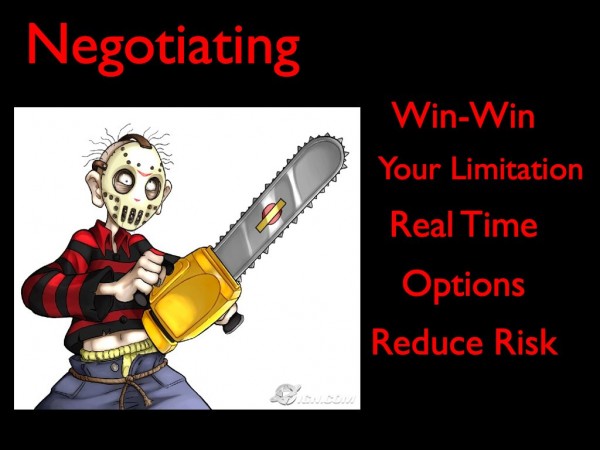 Negotiation.001 การเจรจา ต้องโต้ตอบขณะนั้น ใช้กลยุทธออฟชั่นลิสต์ และลดความเสี่ยงเช่นจ่ายก่อน