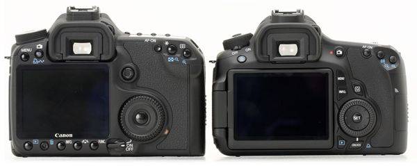 EOS 50D ด้านซ้ายดูเหลี่ยมบึกบึน เทียบกับ EOS60D ด้านขวาที่รูปทรงออกไปทาง Rebel มากว่า EOS 50D ด้านซ้ายดูเหลี่ยมบึกบึน เทียบกับ EOS60D ด้านขวาที่รูปทรงออกไปทาง Rebel มากว่า