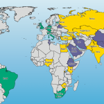 สีเขียวคือประเทศที่ internet สภาวะ Free ,สีเหลือง Partly Free, สีม่วง Not Free