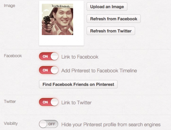 สามารถเลือกรูป profile ให้ตรงตาม twitter หรือ Facebook ก็ได้ครับ สามารถลิงก์ update เวลาปัก pin ไปที่ facebook หรือ twitter ก็ได้ และยังซ่อนไม่ให้ search เจอจาก Google ก็ได้ด้วยนะ สามารถเลือกรูป profile ให้ตรงตาม twitter หรือ Facebook ก็ได้ครับ สามารถลิงก์ update เวลาปัก pin ไปที่ facebook หรือ twitter ก็ได้ และยังซ่อนไม่ให้ search เจอจาก Google ก็ได้ด้วยนะ