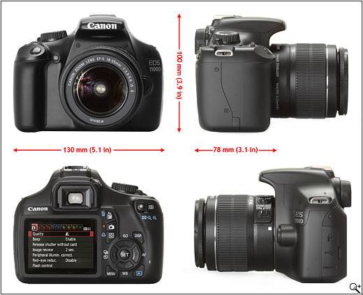 มิติของ EOS 1100D จะเห็นว่าใหญ่กว่า 1000D เล็กน้อย
